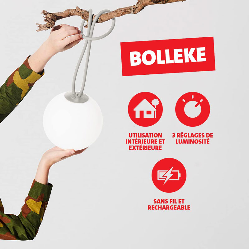 Angers Nantes Cholet Saumur Icones Fatboy Lampe Batterie nomade outdoor Bolleke gris clair rechargeable suspension